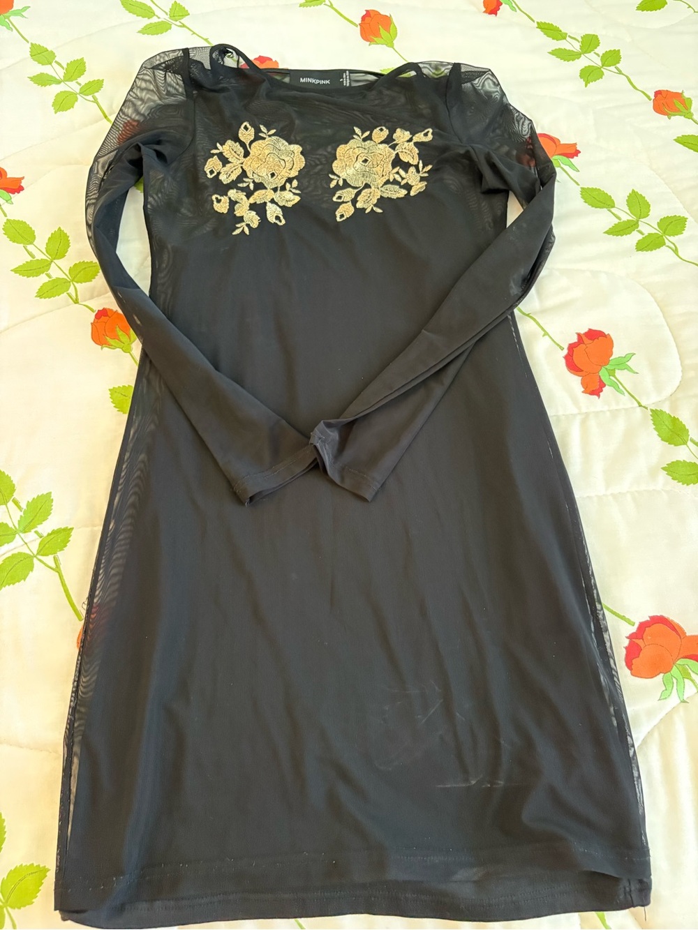 MINKPINK Black Long Sleeve Mesh Dress with Gold Floral Applique